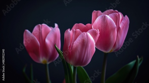 Pink tulips contrasted against a dark backdrop