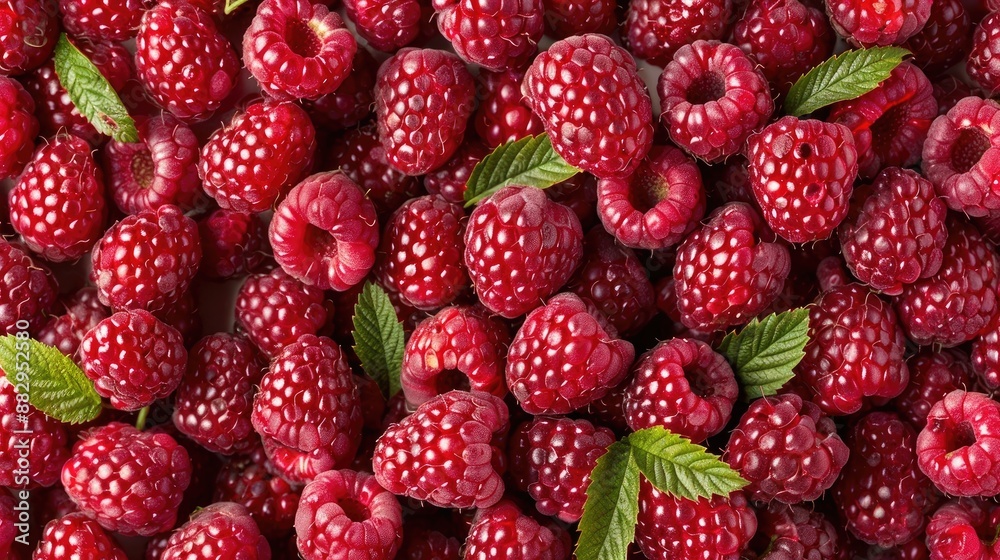 A close-up view of a pile of fresh, ripe red raspberries, with green leaves interspersed throughout A close-up view of a pile of fresh, ripe red raspberries, with green leaves interspersed throughout