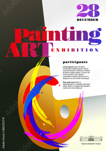 Palette and bright brush strokes painting art exhibiton advertising poster creative template design. Editable EPS 10 vector format