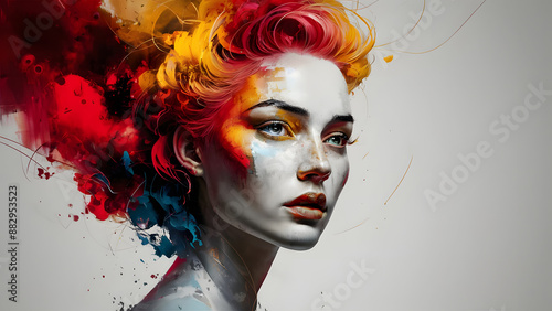 A captivating abstract portrait of a woman's face, wherein bold, vivid colors of red, yellow, blue, and white  photo