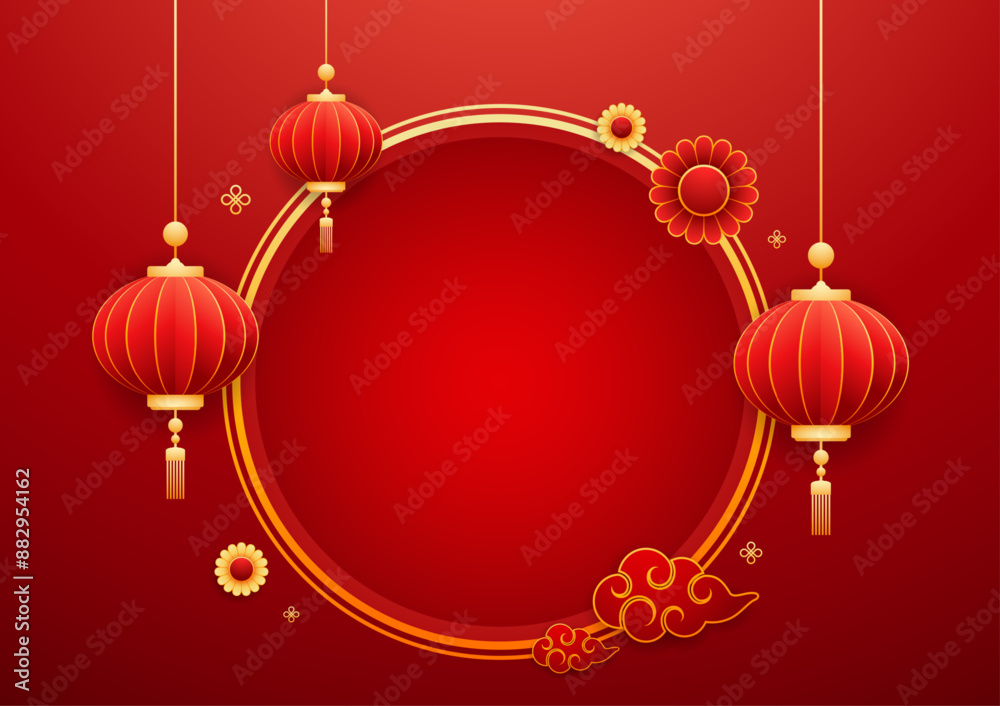 Happy Chinese new year 2025. Chinese new year banner with circle for show product. Greeting card. China frame with lantern on red background. Happy Chinese new year 2025. Chinese new year banner with circle for show product. Greeting card. China frame with lantern on red background.