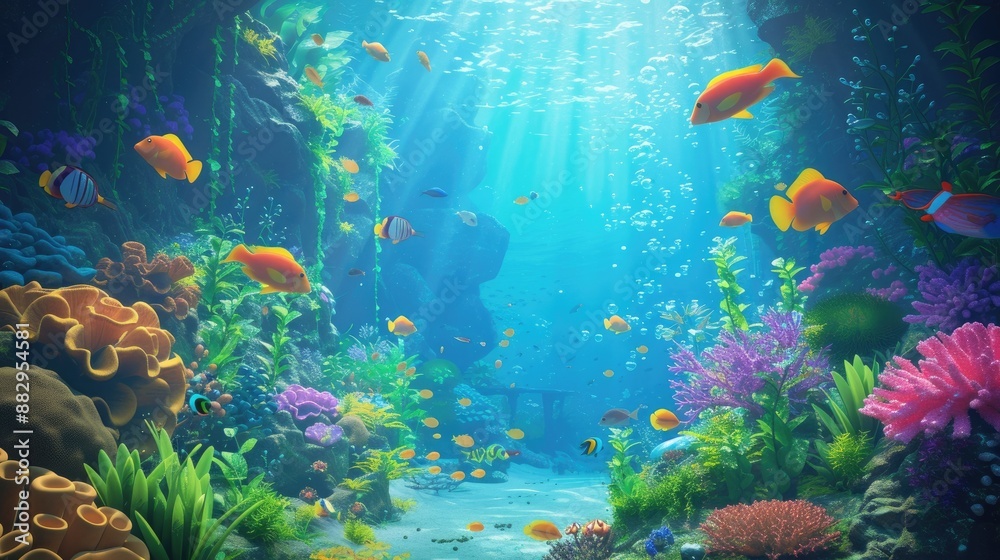 Naklejka premium Vibrant underwater seascape with fish A peaceful underwater scene with smiling fish and bubbly corals