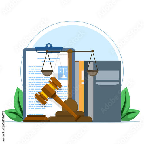 Paper Document with Scales of Justice. Advocacy Element Concept Design. law & justice, legal advice, justice, consulting, law firm and legal services concept, lawyer consultant. vector illustration.