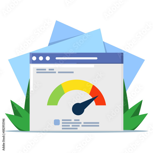pc load time speedometer software tool concept for download score. Website internet page loading speed or seo optimization laptop computer website performance test check flat vector icon.
