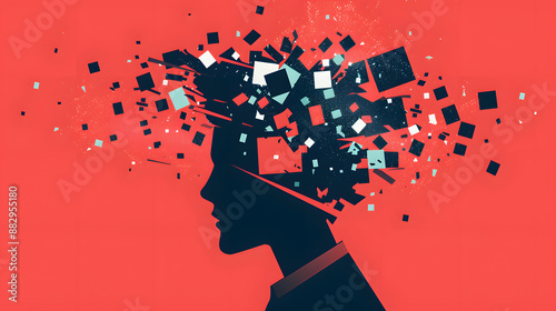 People head bursting with information data, symbolizing the overwhelming effects of media and social media addiction.powerful visual metaphor of social media addiction.
