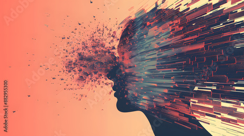 People head bursting with information data, symbolizing the overwhelming effects of media and social media addiction.powerful visual metaphor of social media addiction.