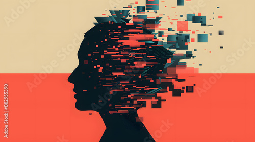 People head bursting with information data, symbolizing the overwhelming effects of media and social media addiction.powerful visual metaphor of social media addiction.