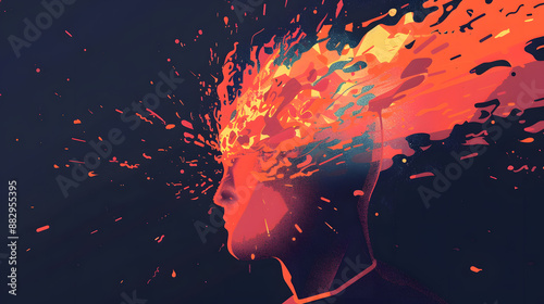 People head bursting with information data, symbolizing the overwhelming effects of media and social media addiction.powerful visual metaphor of social media addiction.