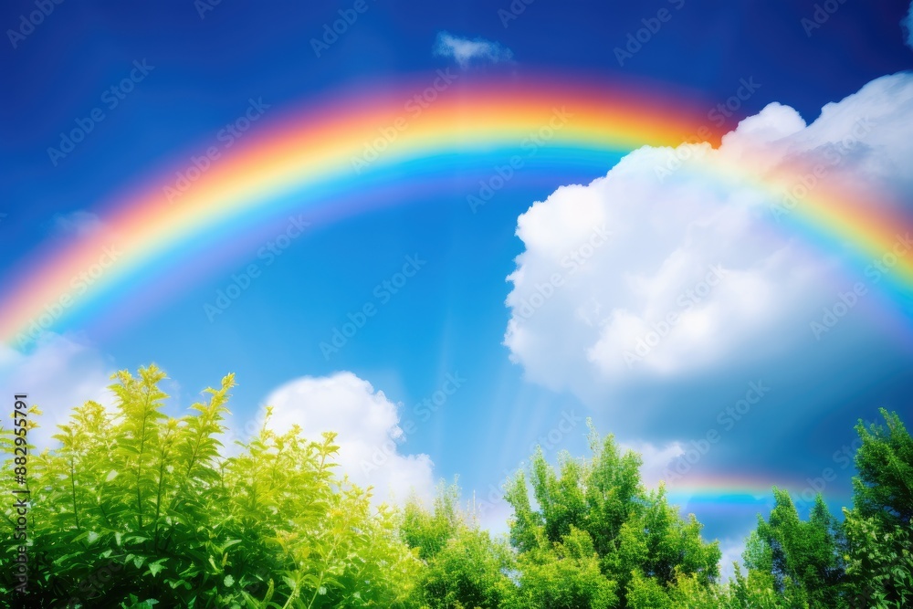 Vibrant luminous rainbow against a blue sky A rainbow arching across the sky after a refreshing rain Vibrant luminous rainbow against a blue sky A rainbow arching across the sky after a refreshing rain