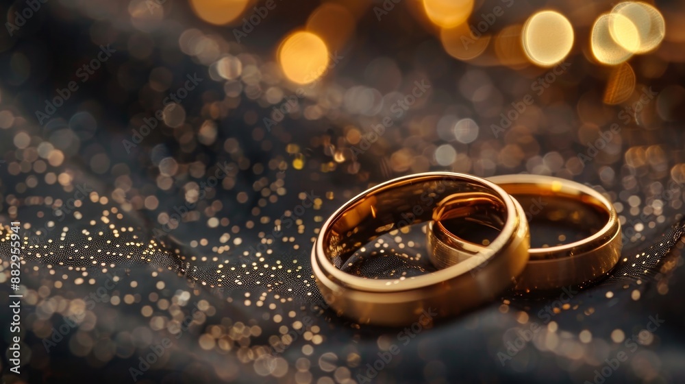 Luxurious close up of two gold wedding rings on black silk background with bokeh, space for text Luxurious close up of two gold wedding rings on black silk background with bokeh, space for text