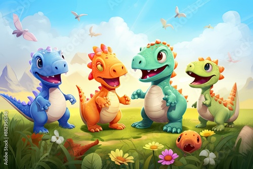 Fototapeta Naklejka Na Ścianę i Meble -  Three cheerful cartoon dinosaurs Cute illustration of baby dinosaurs playing together in a field