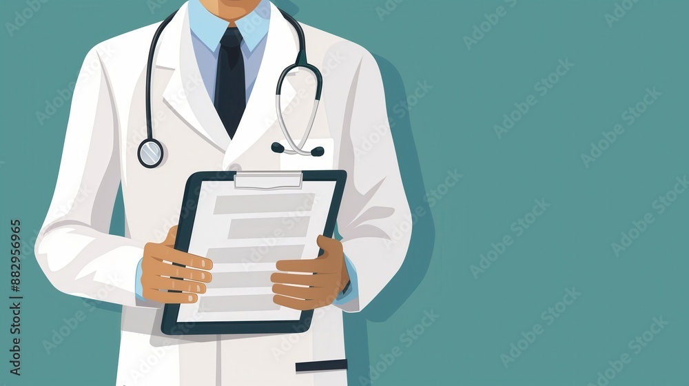 Professional Medical Illustration of a Doctor Holding a Clipboard with Stethoscope on Green Background for Healthcare and Medical Industry Use Professional Medical Illustration of a Doctor Holding a Clipboard with Stethoscope on Green Background for Healthcare and Medical Industry Use