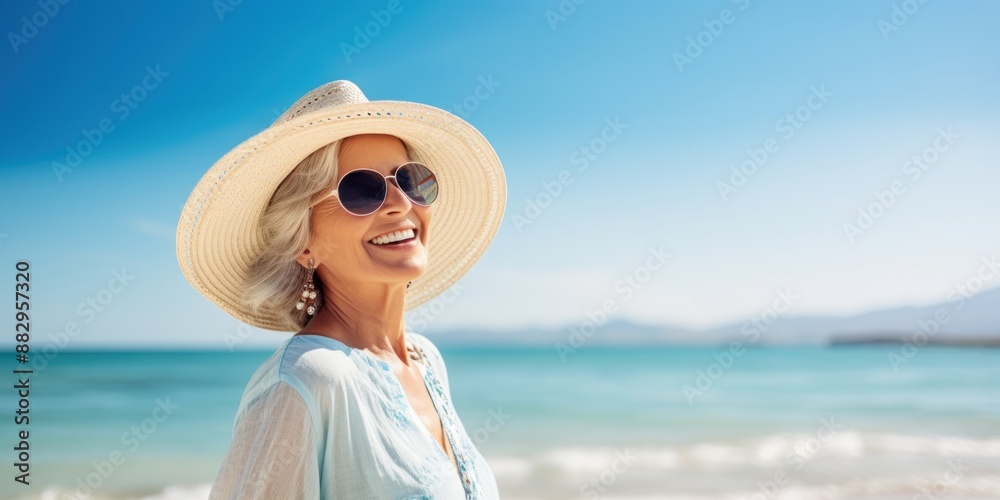 beautiful smiling senior woman in sunglasses and a straw hat walking on the beach or standing at the seaside. on a blue sky background. summer vacation concept. beautiful smiling senior woman in sunglasses and a straw hat walking on the beach or standing at the seaside. on a blue sky background. summer vacation concept.