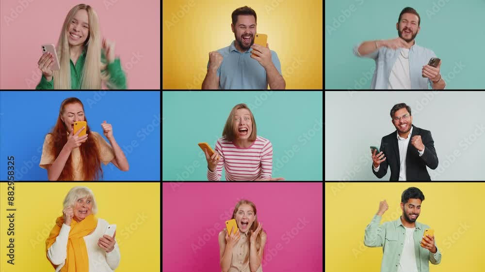 Collage of smiling happy people portraits diverse gender, different ages, ethnicity. Men women use mobile smartphone celebrating win good message news, lottery game jackpot victory. Zoom out effect