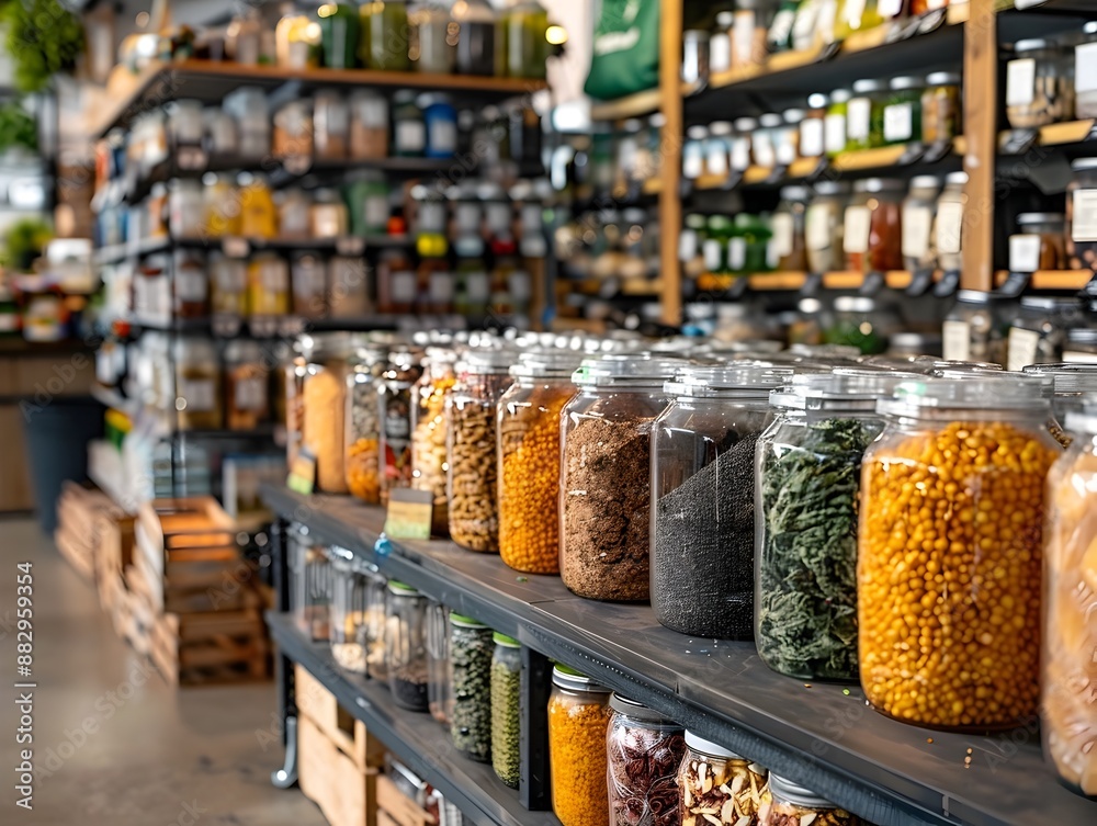 Zero Waste Grocery Store with Bulk Bins and Reusable Containers Highlighting Sustainable Shopping Practices Zero Waste Grocery Store with Bulk Bins and Reusable Containers Highlighting Sustainable Shopping Practices