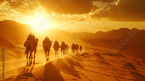 A camel caravan crossing the desert under a colorful sunset sky © Nadtochiy