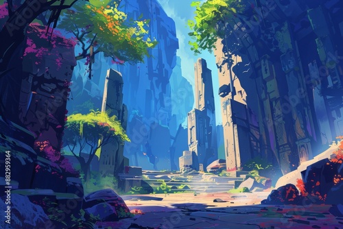 Colorful fantasy landscape with overgrown ruins photo