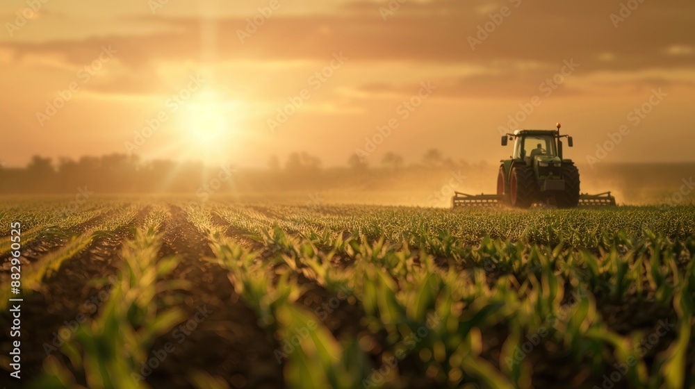 Fototapeta premium Tractor Working in a Field at Sunset