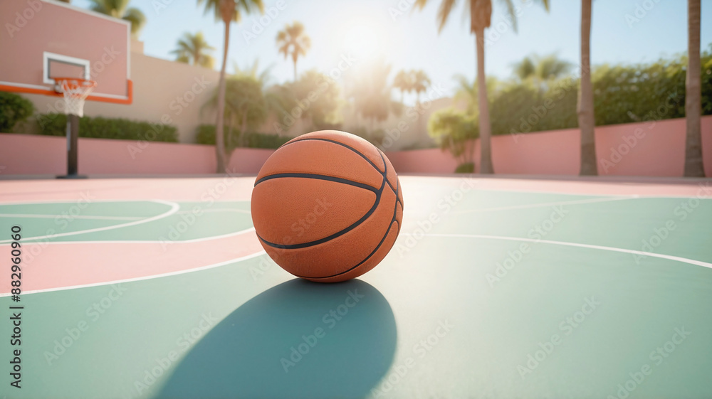 Basketball ball on an outdoor basketball court in he city with palm trees. Sports activity outdoors. Basketball game Basketball ball on an outdoor basketball court in he city with palm trees. Sports activity outdoors. Basketball game