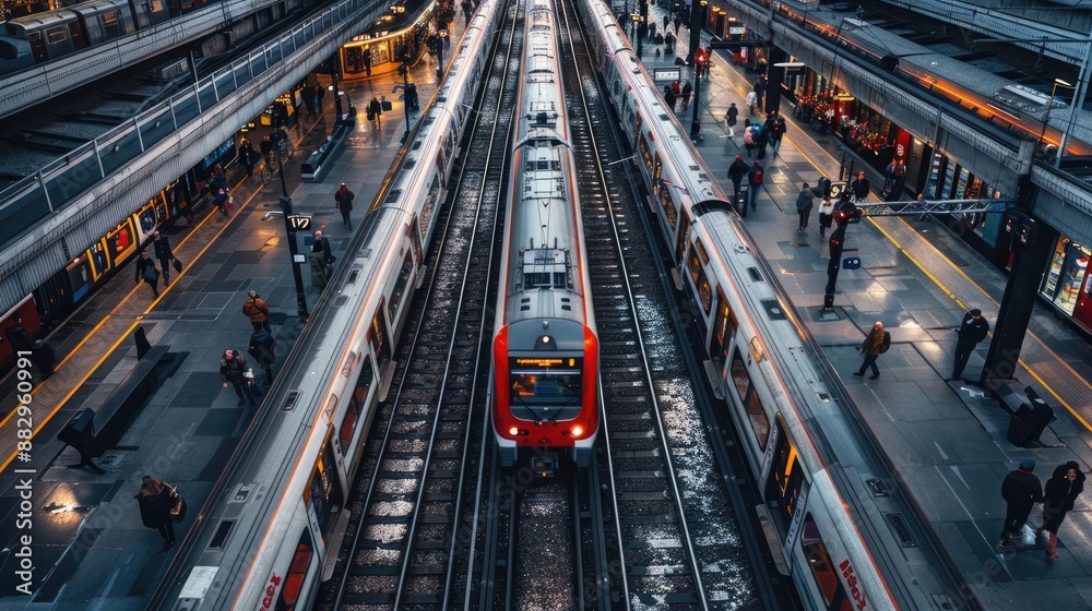 Aerial view of a train station with people walking and trains on the tracks. Aerial view of a train station with people walking and trains on the tracks.