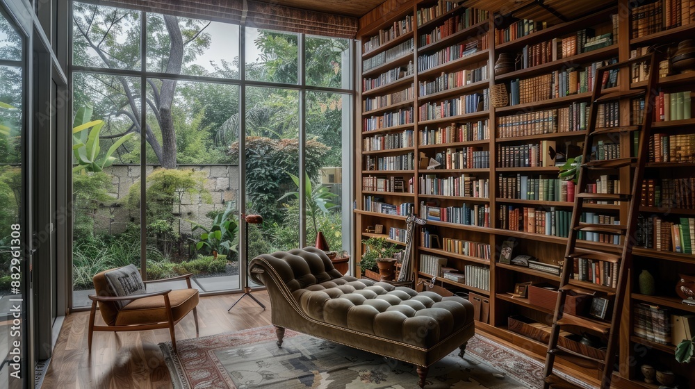 A sophisticated home library with floor-to-ceiling bookshelves A sophisticated home library with floor-to-ceiling bookshelves