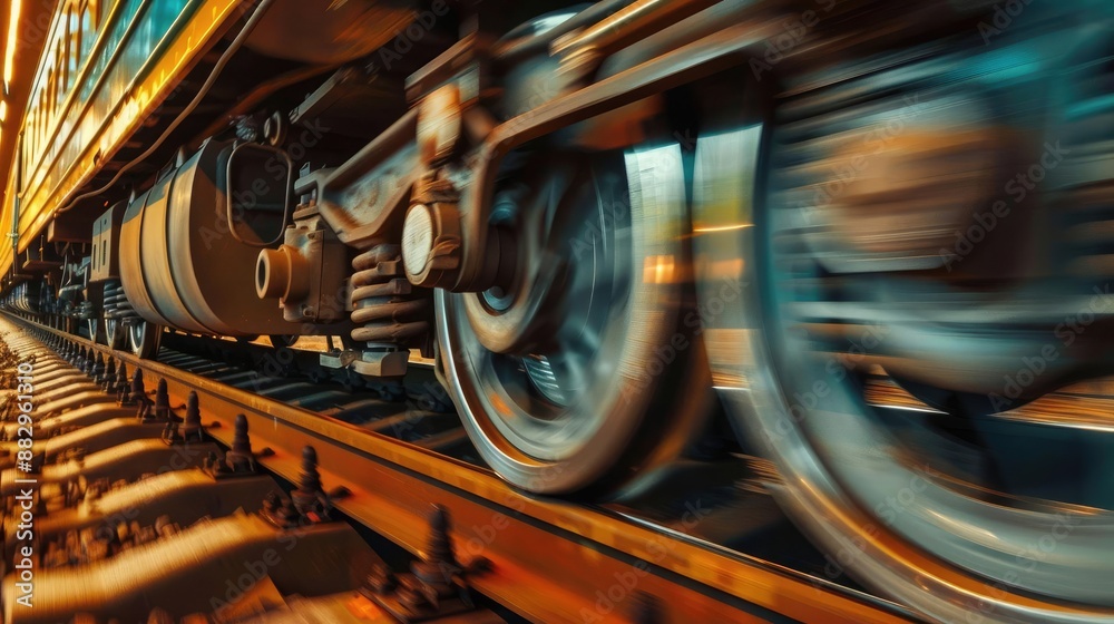 Fototapeta premium Close-up of train wheels in motion, blurred for speed effect.