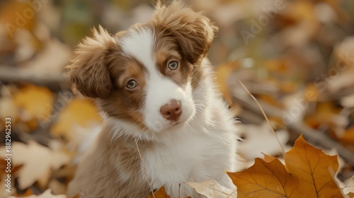 Cute autumn puppy sitting in leaves.