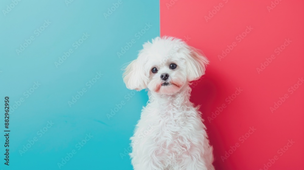 A small white dog sits against a red and blue wall, perfect for pet-related or interior design concepts A small white dog sits against a red and blue wall, perfect for pet-related or interior design concepts