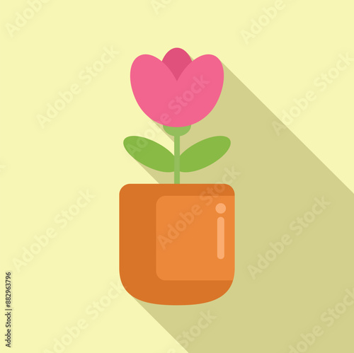 Pink flower growing in a pot with long shadow, perfect for nature and gardening themed design projects