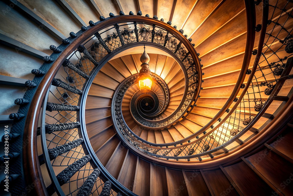 Obraz premium A spiral staircase with a light hanging from the top. The staircase is made of wood and has a spiral design