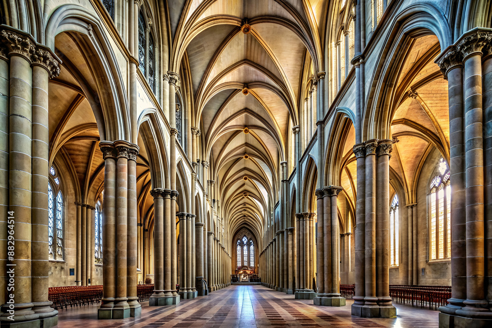 The cathedral is very long and has many arches The cathedral is very long and has many arches