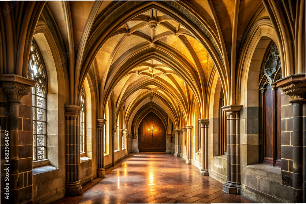 A long, narrow hallway with arched windows and a light shining down on the floor. The atmosphere is serene and peaceful A long, narrow hallway with arched windows and a light shining down on the floor. The atmosphere is serene and peaceful