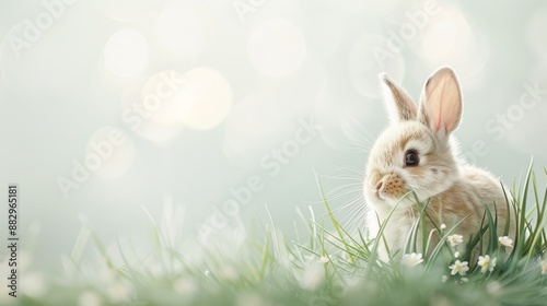 A cute bunny rabbit sits in a grassy field with soft light and a dreamy background, perfect for springtime and nature stock photos.