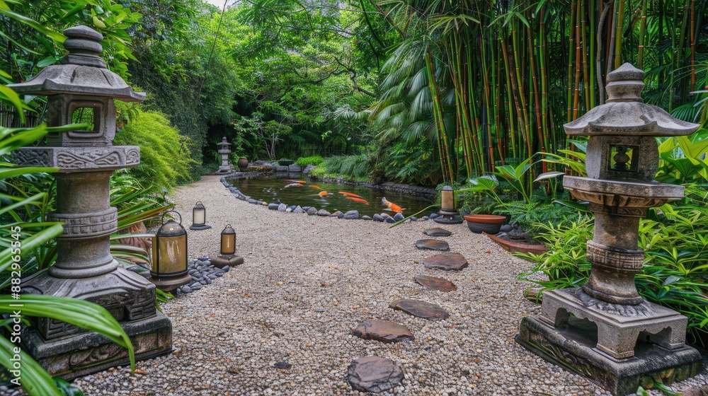 Fototapeta premium A tranquil Zen garden with a gravel pathway
