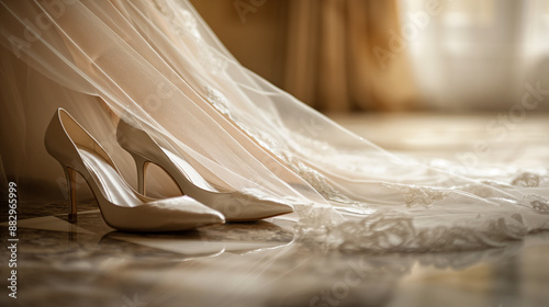 Close-Up of Bridal Veil and Shoes