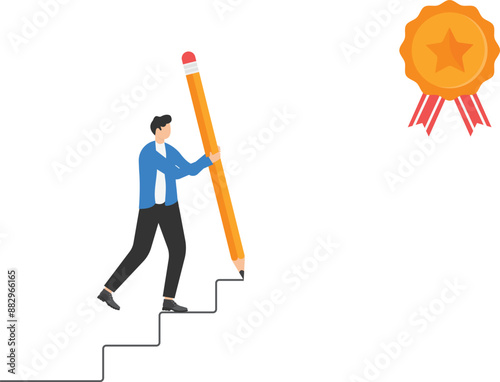 Leadership or consultant, Providing advice and assistance to the company's employees, Lead to business goals, businessman uses pencil to draw ladder helping walk up to receive success award.

