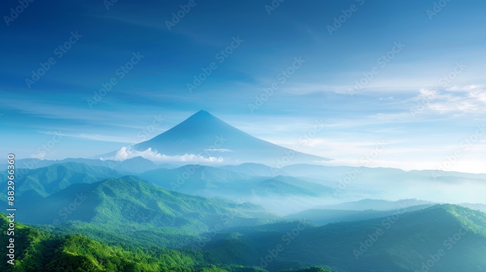 A stunning view of a mountain peak surrounded by mist and lush green hills under a clear blue sky. Perfect for nature landscapes. A stunning view of a mountain peak surrounded by mist and lush green hills under a clear blue sky. Perfect for nature landscapes.