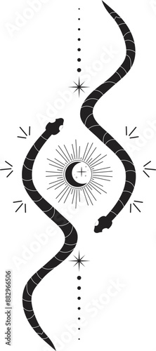 Celestial serpent snake, esoteric tarot or tattoo mystery sacred symbol 