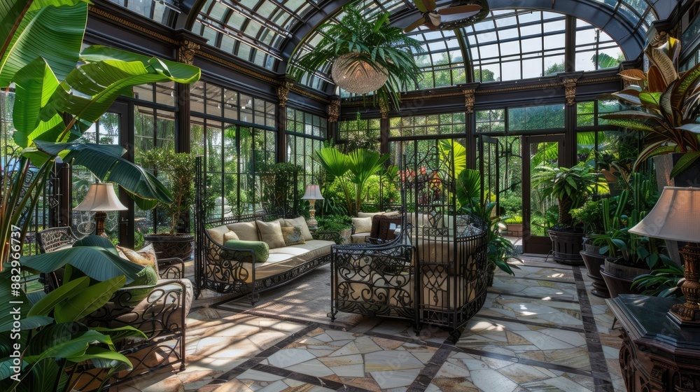 An elegant conservatory with intricate ironwork