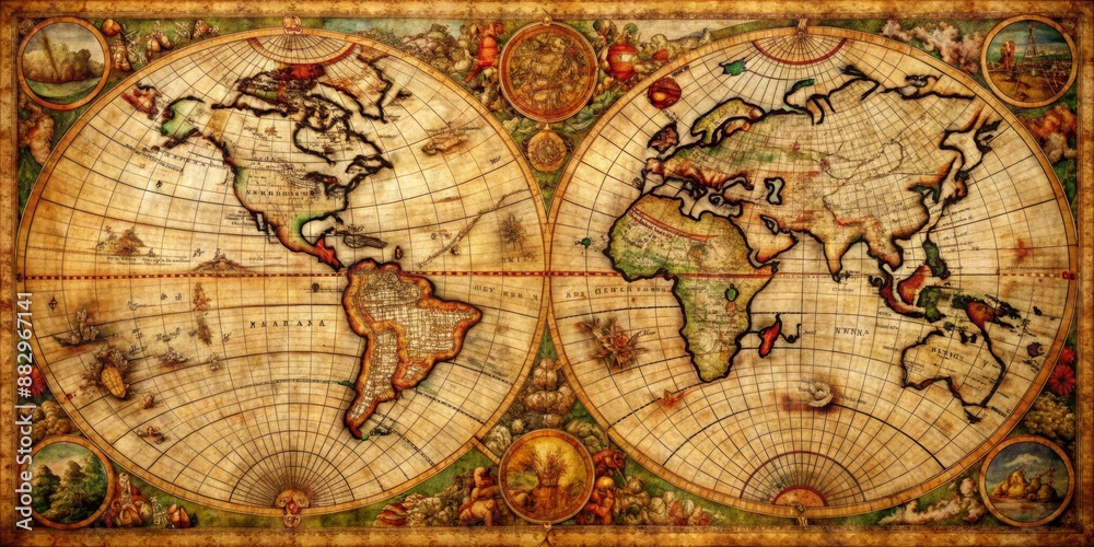 Fototapeta premium Antique, intricate world map depicting historical details