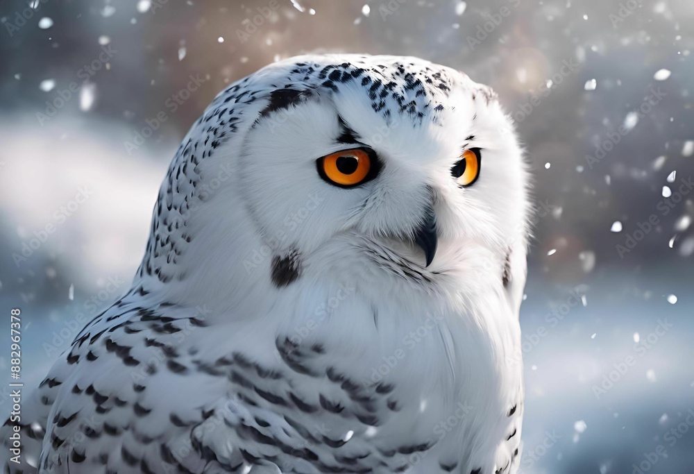 AI generated illustration of a closeup of a snowy owl with bright orange eyes in winter AI generated illustration of a closeup of a snowy owl with bright orange eyes in winter