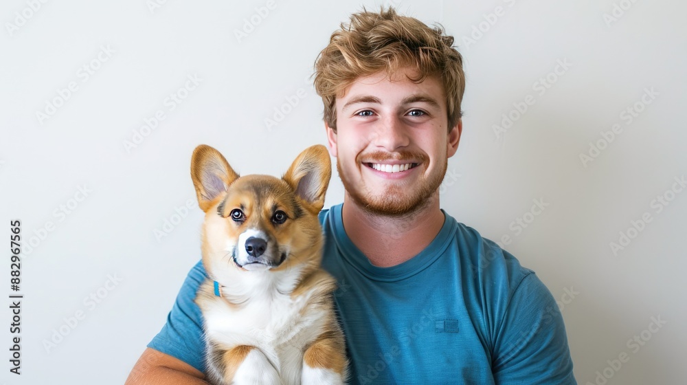 A man in a blue shirt holds his corgi dog close in a loving embrace. The man is smiling and looking down at his dog. The dog is looking up at the man with a happy expression A man in a blue shirt holds his corgi dog close in a loving embrace. The man is smiling and looking down at his dog. The dog is looking up at the man with a happy expression