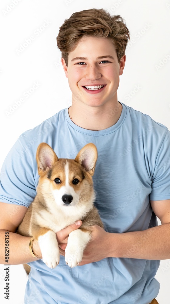 A man in a blue shirt holds his corgi dog close in a loving embrace. The man is smiling and looking down at his dog. The dog is looking up at the man with a happy expression A man in a blue shirt holds his corgi dog close in a loving embrace. The man is smiling and looking down at his dog. The dog is looking up at the man with a happy expression
