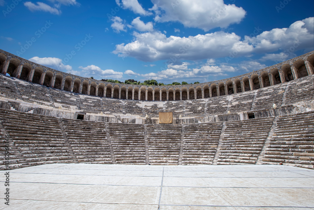 Naklejka premium Magnificent view of the ancient Greco Roman Theater in the ancient city of Aspendos in Antalya province of Turkey.