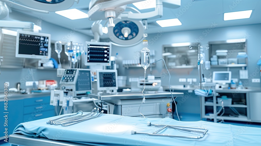 A sterile, empty surgical operating room with medical equipment and supplies prepared for a procedure A sterile, empty surgical operating room with medical equipment and supplies prepared for a procedure