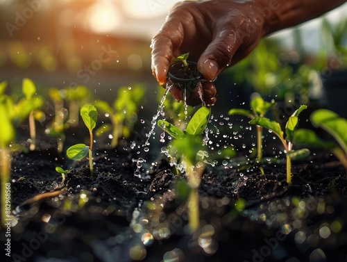 Hands planting in a community garden, a cinemagraph where water droplets from a watering can come to life, symbolizing growth and sustainability