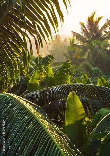 lush coconut plantation at sunrise with dewdrops glistening on the leaves.