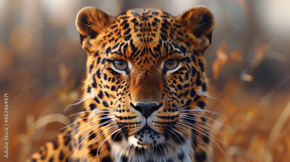 Obraz premium Majestic leopard stalking through golden grasslands in a captivating wildlife close-up.