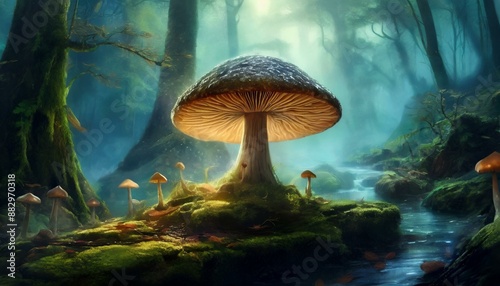 macro background of a mushroom in a foggy rain forest © eliyashevskiy