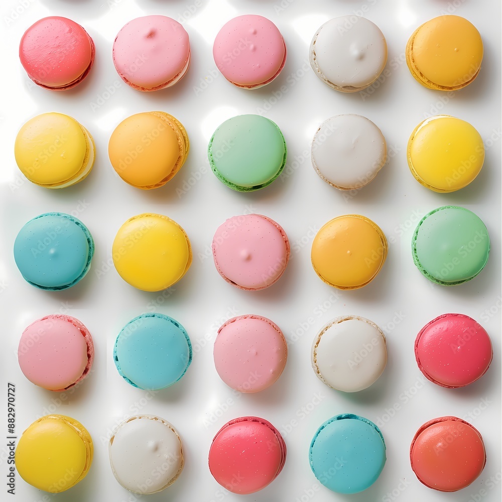 A top view pattern of colorful macarons on a white background A top view pattern of colorful macarons on a white background